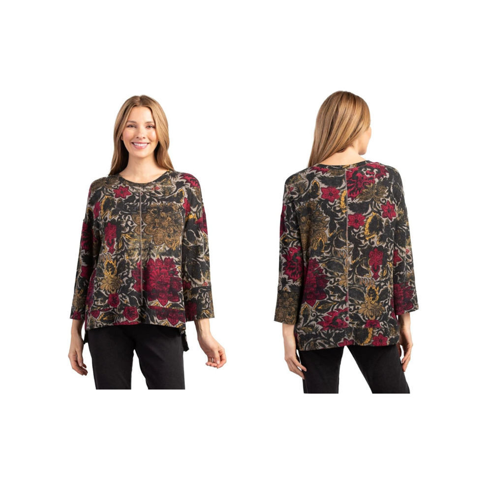 Habitat Womens Large Eastern Floral Print Rib Trim Crew Neck Top 3/4 Sleeve Cozy